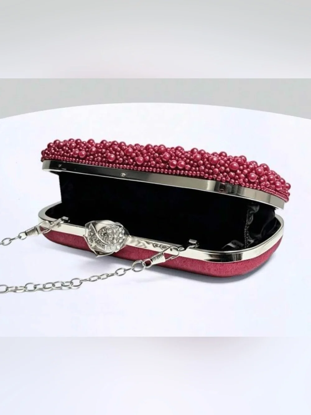Pearl & Crystal Embellished Clutch Burgundy